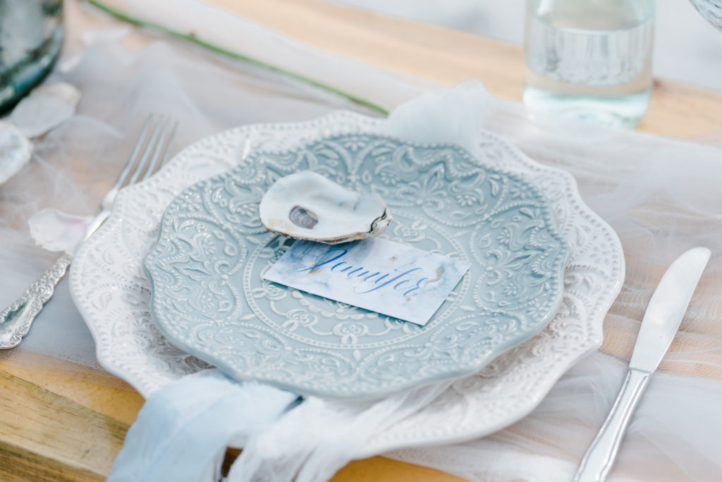 Serene Blue Vintage Coastal Table Setting | photo by Amanda Zabrocki Photography | featured on I Do Y'all for Labor Day Weekend Wedding