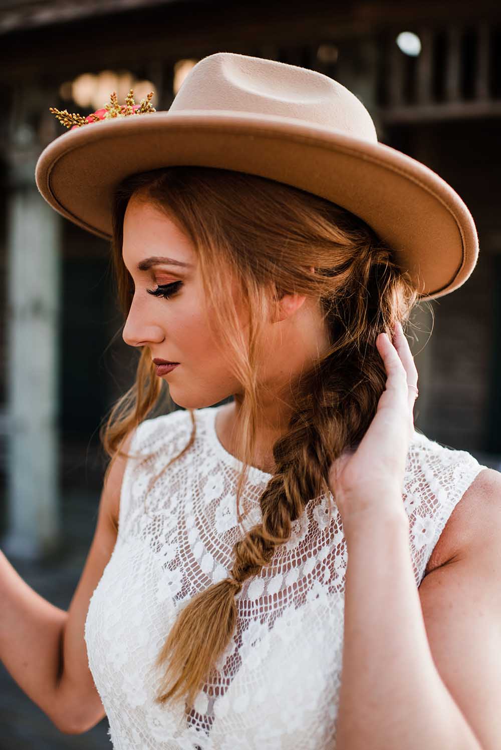 Boho Bridal Style with Felt Hat & Fishtail Braid | photo by MBM Photography | featured on I Do Y'all