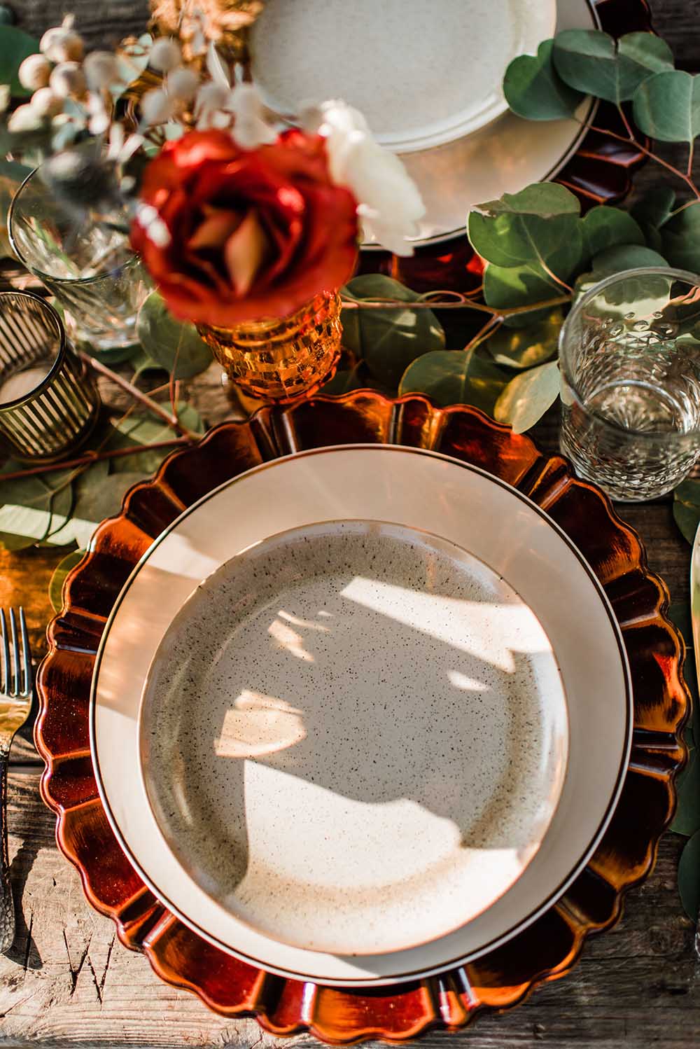 Fall Themed Place Setting for Boho Coastal Microwedding Dinner on Pier | photo by MBM Photography | featured on I Do Y'all