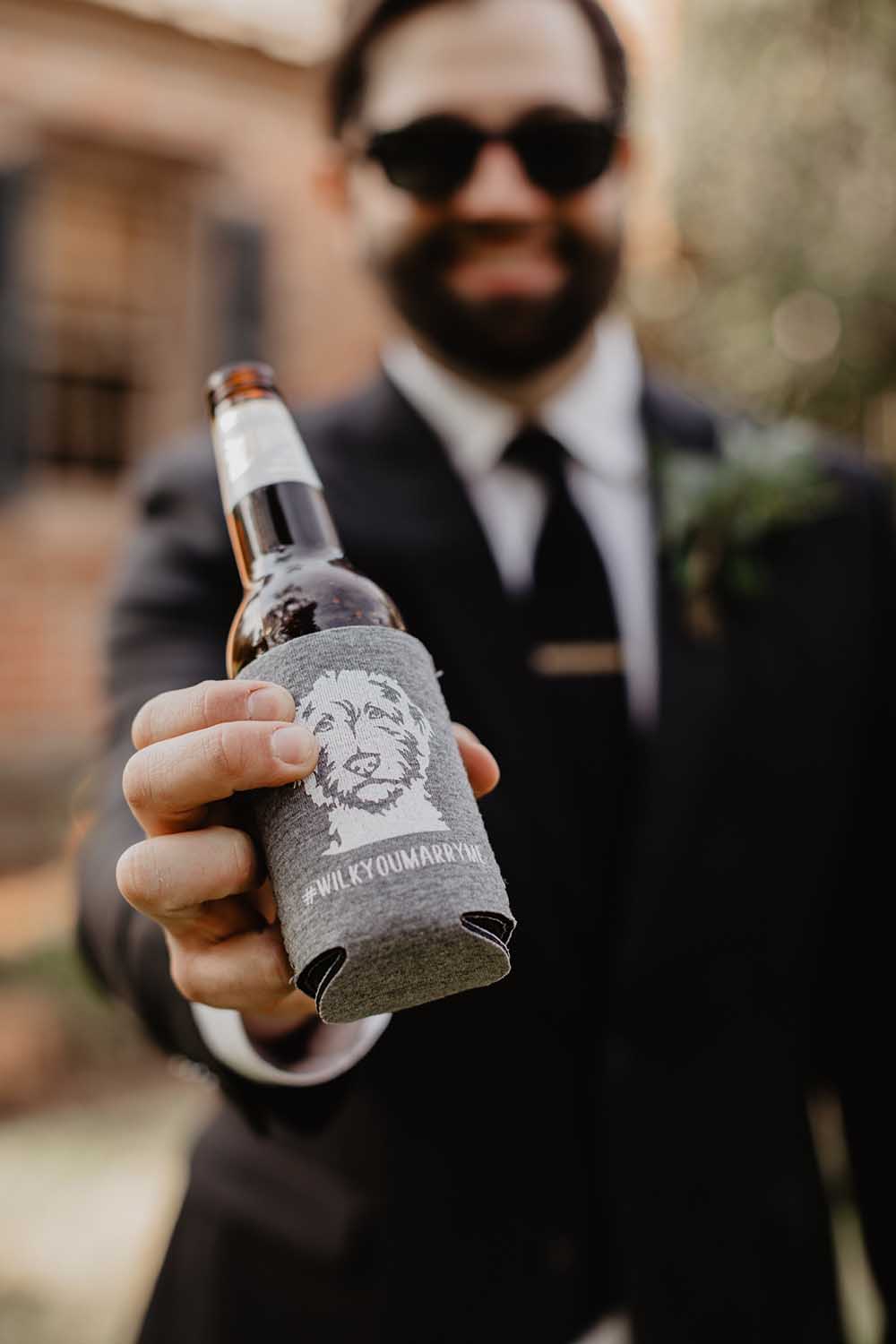 Custom Wedding Koozie with Dog's Face | photo by Emily Green Photography | featured on I Do Y'all