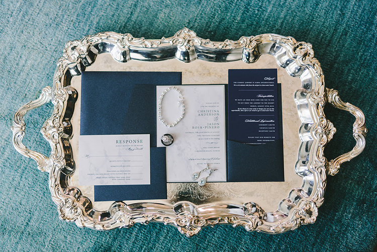 Elegant Navy Wedding Invitations on Silver Tray | photo by Kera Photography | featured on I Do Y'all