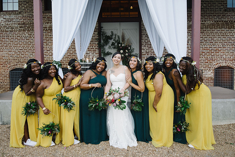 Bridesmaids in Gold & Emerald Dresses with White Converse | photo by Staci Lewis Photography | featured on I Do Y'all