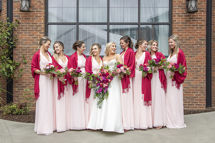 Bridesmaids in Pink Dresses & Pink Scarves | photo by Jessica Merithew Photography | featured on I Do Y'all