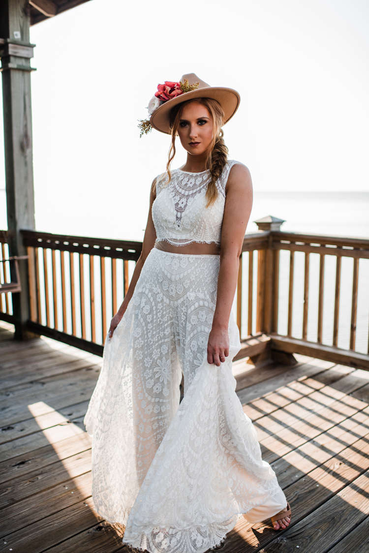 Boho Bride in Lace Jumpsuit & Felt Floral Hat | Boho Wedding Attire | Benefits of Bridal Separates | photo by MBM Photography