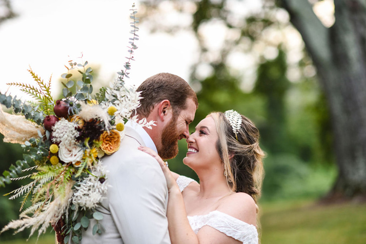 Carolina Elopement with Dalmatians | Bride with Gold Leaf Headband and Lush Fall Wedding Bouquet | photo by Radiant Photography by Sydney Danielle