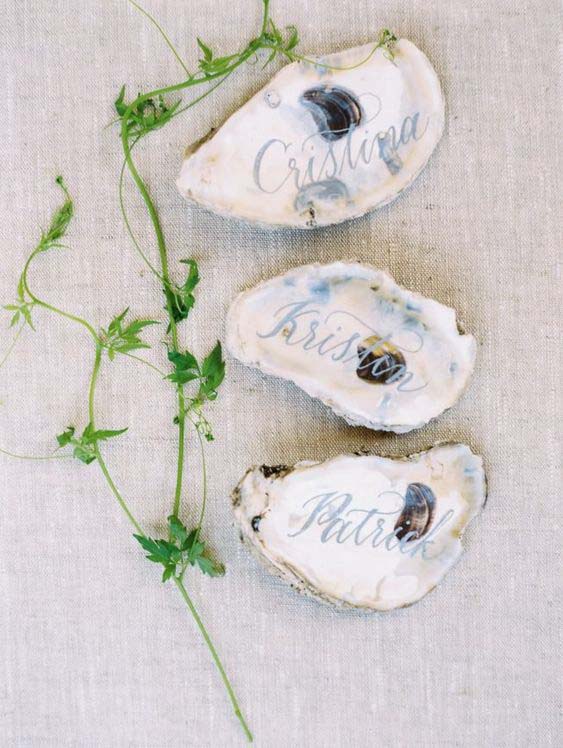 Oyster Wedding Place Card with Blue Calligraphy | photo by A Bryan Photo