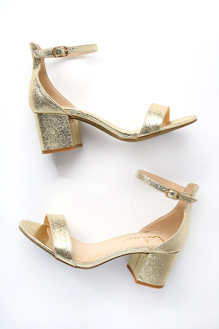 Short Gold Heels with Chunky Heel Height from Lulu's | Wedding Shoes That Aren’t 6 Inch Heels