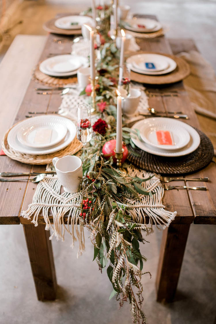 Cozy Fall Wedding Tablescape with Farm Tables, Macrame Table Runners, & Apple Decor | photo by Sabel Moments