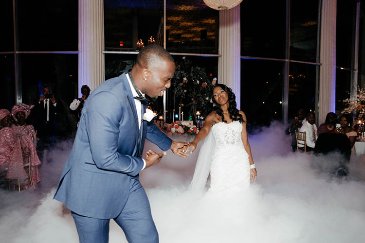 First Dance with Fog Machine at Glamorous Wedding | photo by The Portos