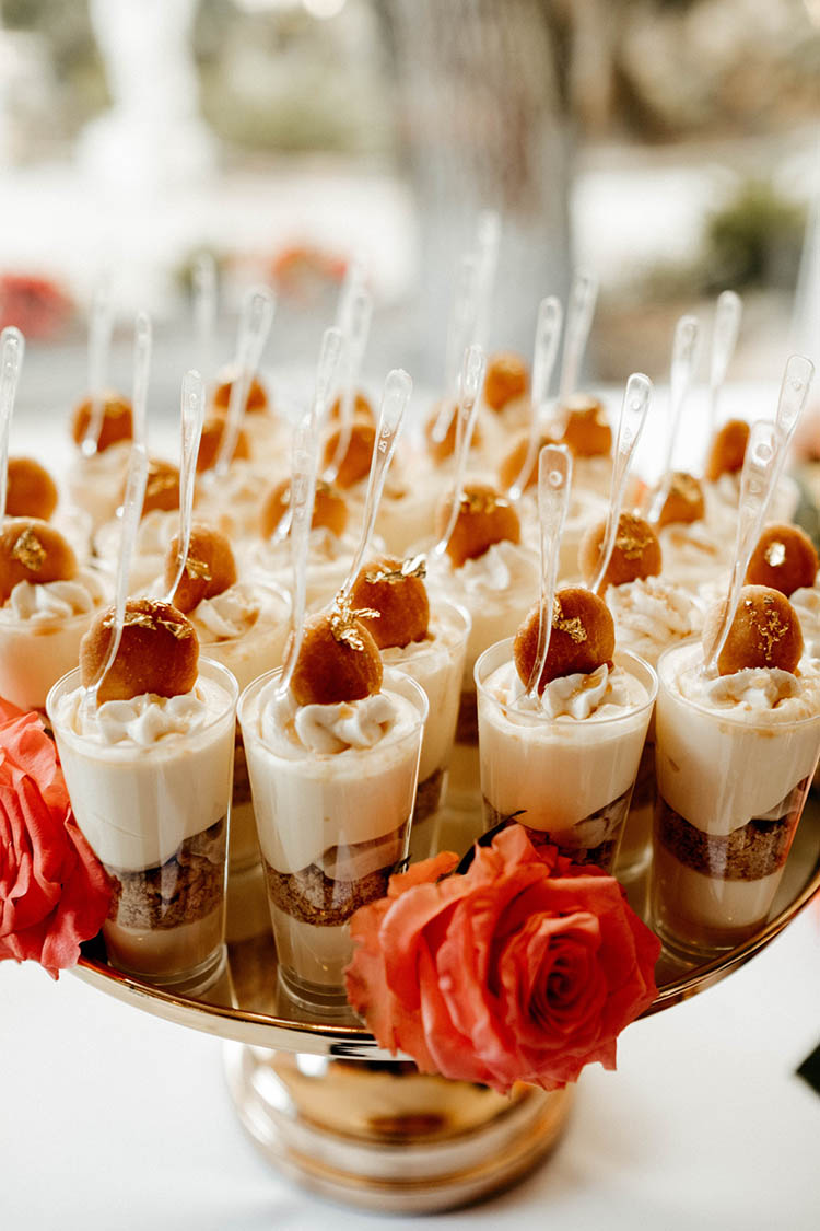 Banana Pudding Shooters with Gold Foil for Wedding Food | photo by The Portos