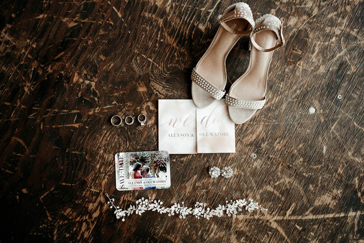 Glamorous Wedding Details like Diamond Hair Accesorry and Beige Heels | photo by The Portos