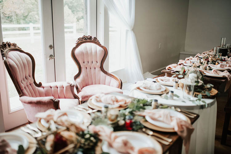 Pink Velvet Antique Chairs for Bride & Groom at Head Table | photo by Jessica Lee Photographic Art