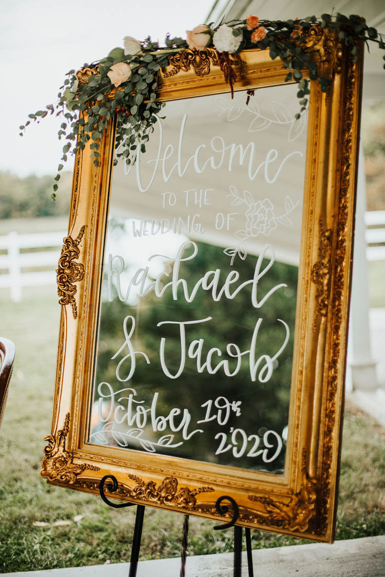 Gold Framed Mirror for Wedding Welcome Sign | photo by Jessica Lee Photographic Art