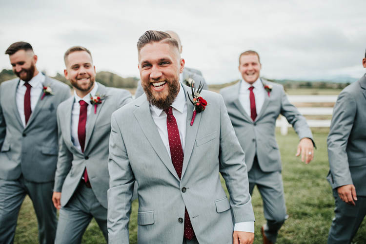 Groomsmen in Gray Suits and Burgundy Ties | photo by Jessica Lee Photographic Art