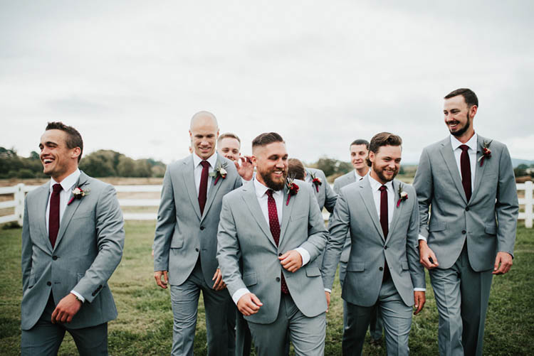 Groomsmen in Gray Suits & Burgundy Ties | photo by Jessica Lee Photographic Art