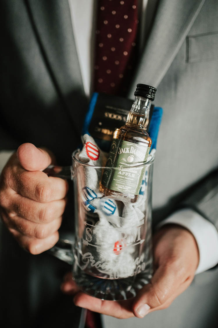 Groomsmen Gift in Beer Glass with Socks & Mini Bottle of Jack Daniels | photo by Jessica Lee Photographic Art