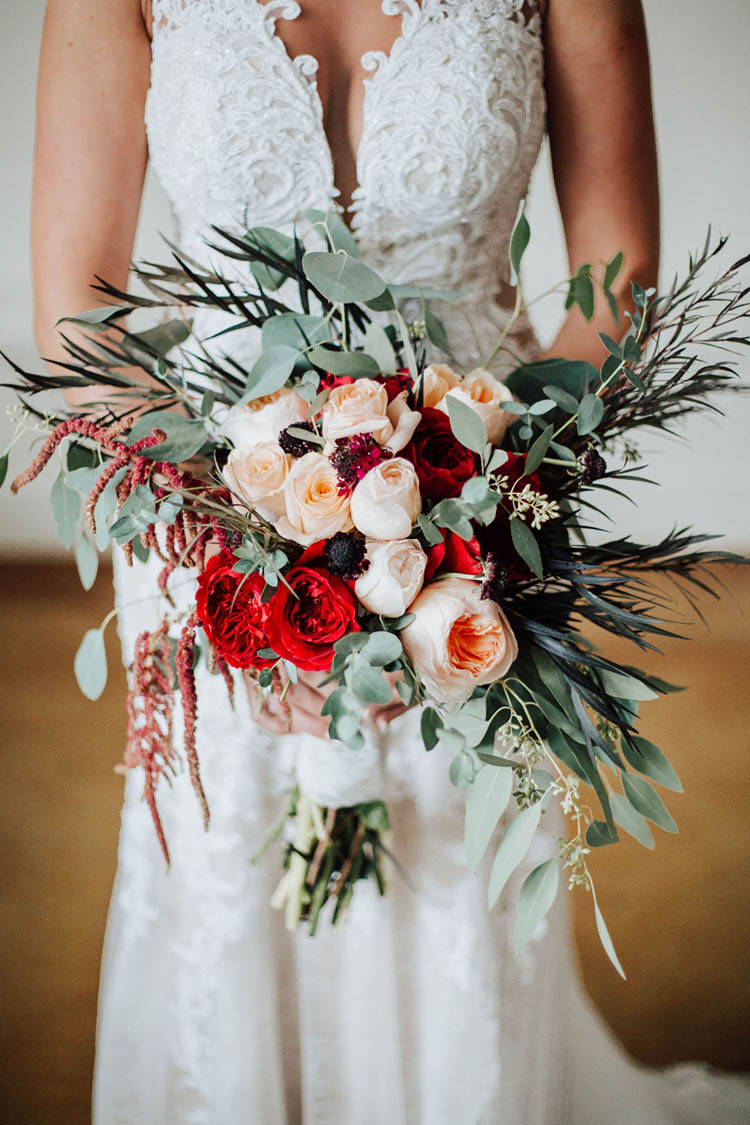 Gorgeous Fall Wedding Bouquet with Red & Peach Roses | photo by Jessica Lee Photographic Art