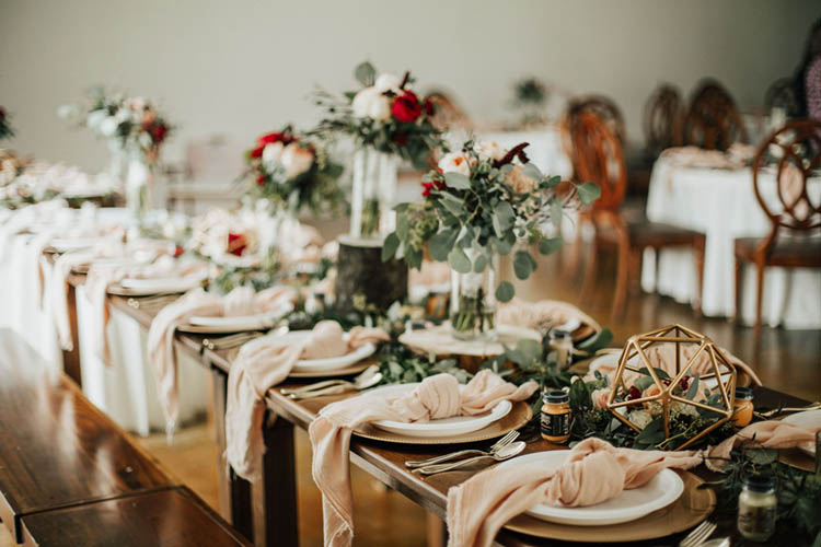 Romantic Pink & Burgundy Wedding Reception Decor | photo by Jessica Lee Photographic Art