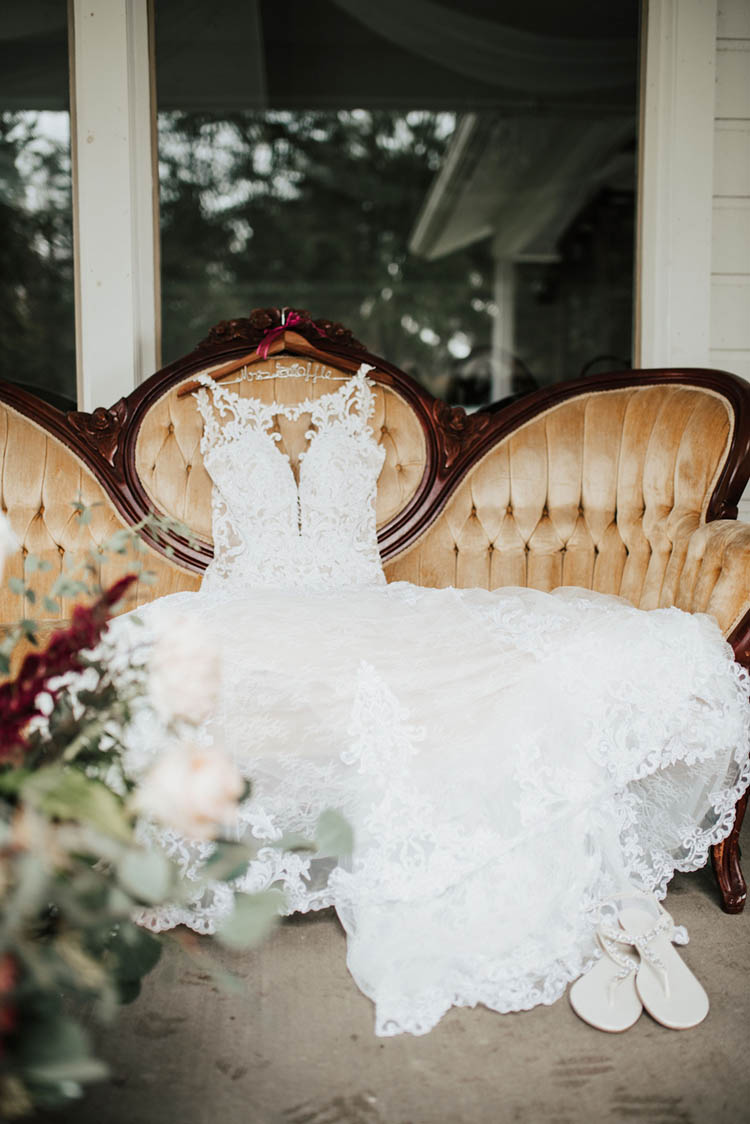 Lace Wedding Dress on Antique Sofa | photo by Jessica Lee Photographic Art