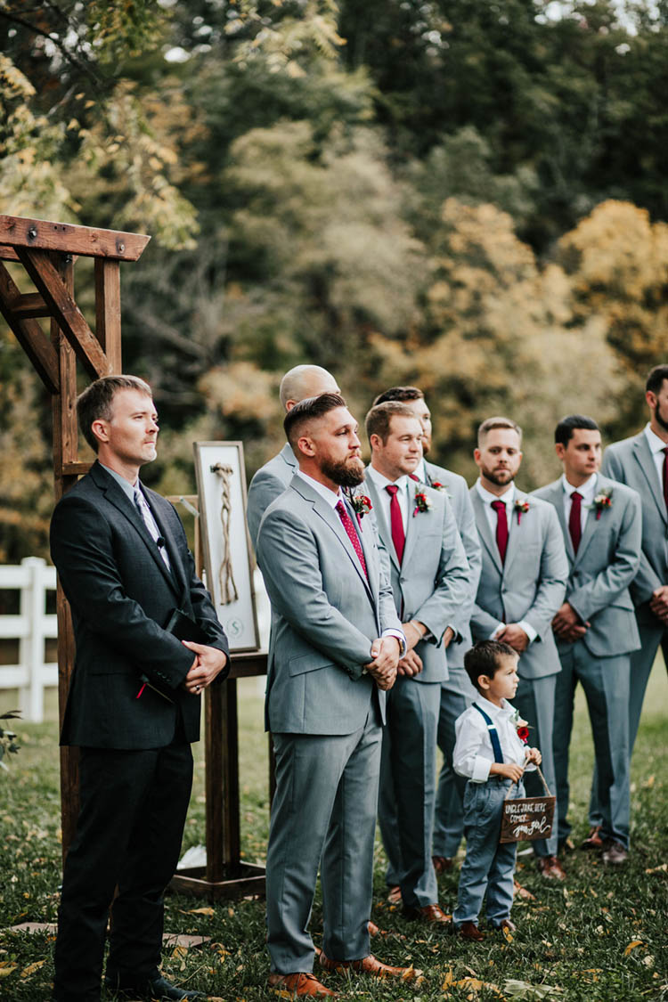 Groom Seeing Bride Walk Down the Aisle at Fall Wedding | photo by Jessica Lee Photographic Art