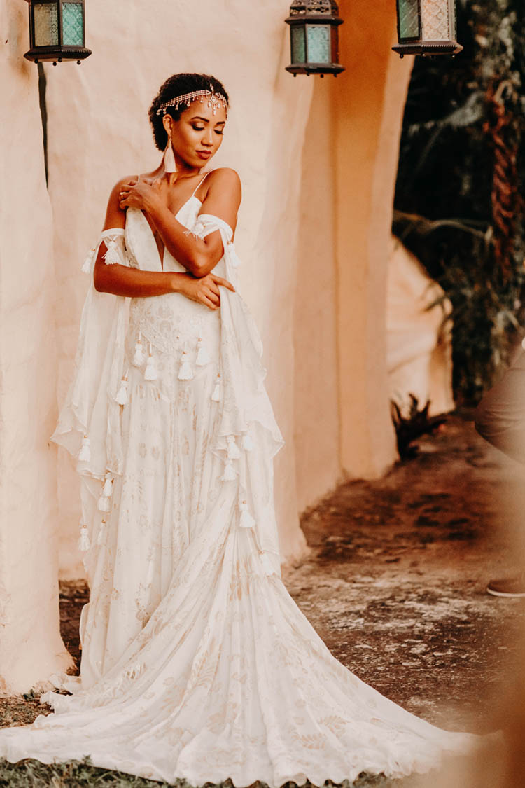 Rue de Seine Boho Wedding Gown with Tassels and Open Shoulders | photo by Boote Photography Studio