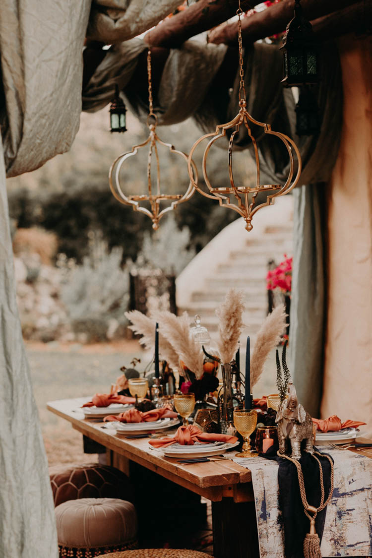 Intimate Moroccan Inspired Wedding Dinner Table with Gold Lighting and Pampas Grass Decor | photo by Boote Photography Studio