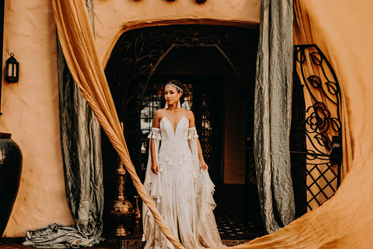 Bohemian Wedding Dress with Tassels and Gold Head Piece | photo by Boote Photography Studio