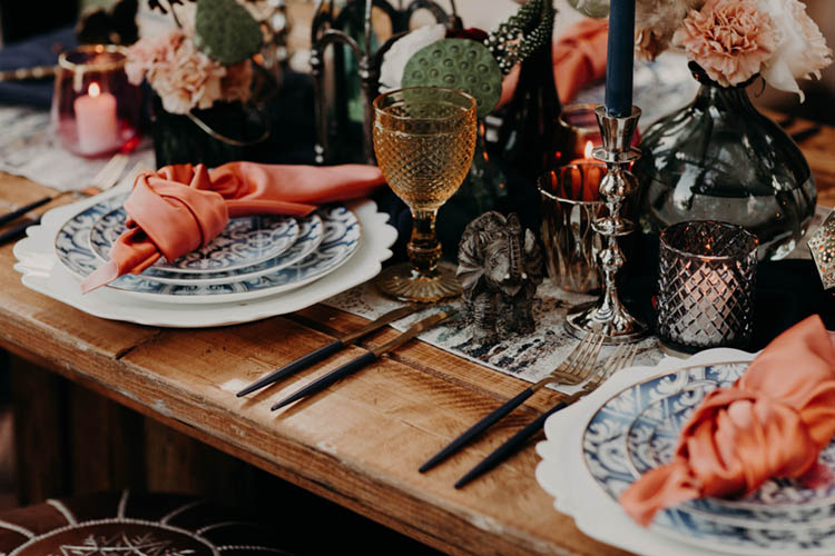 Bohemian Moroccan Wedding Reception Table with Silk Napkins | photo by Boote Photography Studio