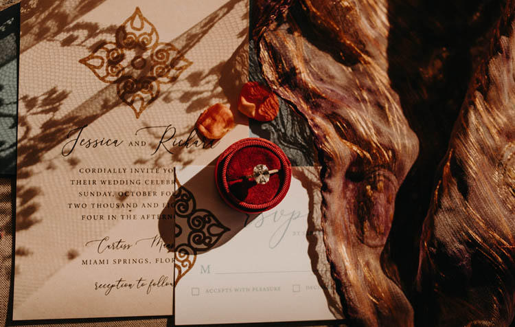 Moroccan Styled Wedding Invitation & Red Velvet Ring Box | photo by Boote Photography Studio